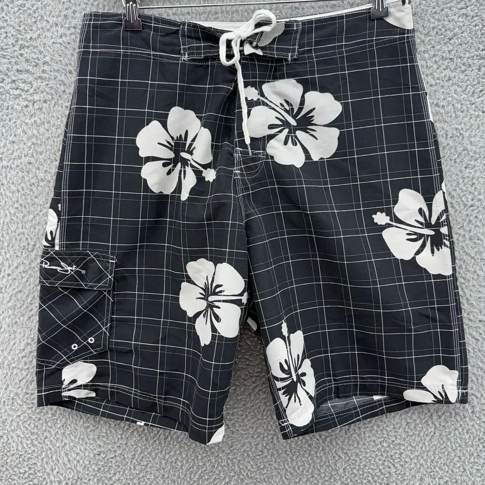 Panama Jack‎ Mens 32 Black White Floral Swim Trunks Board Shorts Hawaiian Island